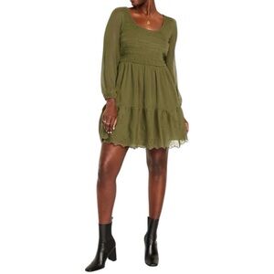 NWT Old Navy Forest Green Smocked Eyelet Trim Tiered Mini Dress Large Fairycore